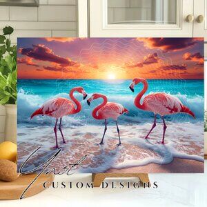 Flamingo Beach 11 x 7.86 Glass Cutting Board